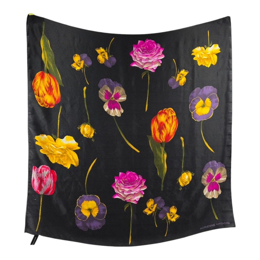 Adrienne Vittadini Black Floral Silk Scarf with Pink Purple Yellow Accents